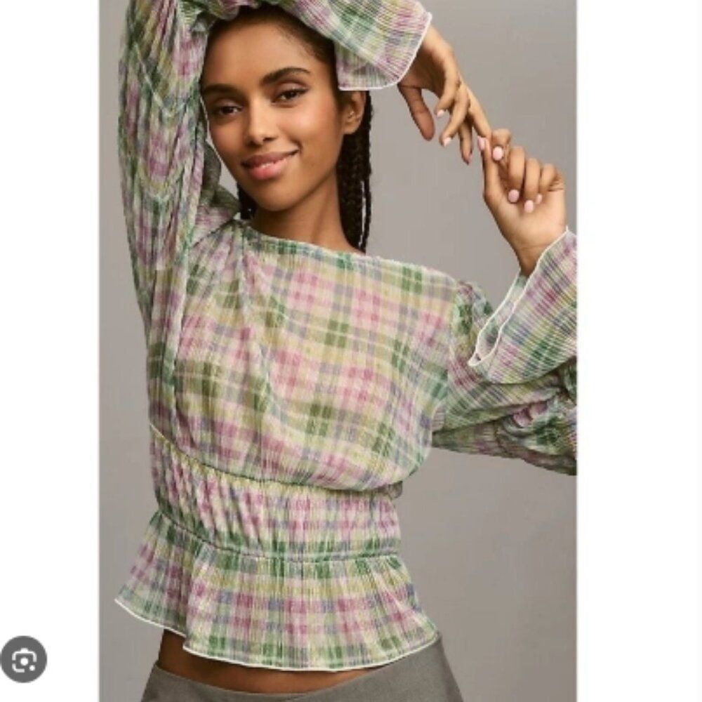 Anthropologie Porridge Long Sleeve Sheer Top Multicolor Plaid Blouse in XL